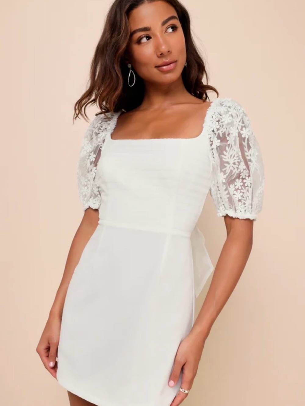 Lulu's White Square-Neck Lace Puff Sleeve Mini Dress
